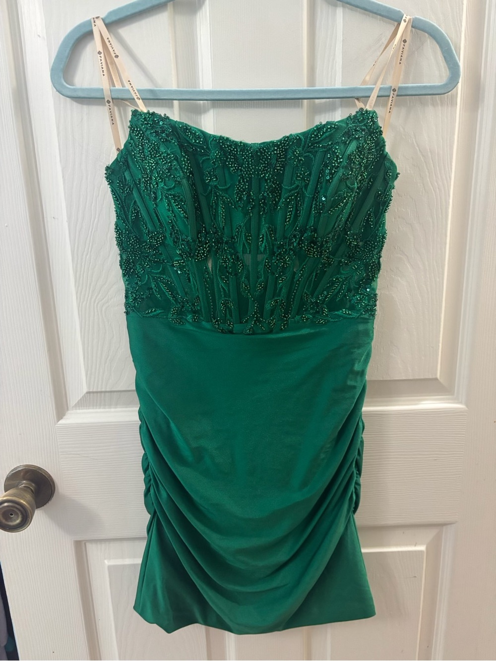 Faviana Emerald Green Beaded Strapless Homecoming Dress